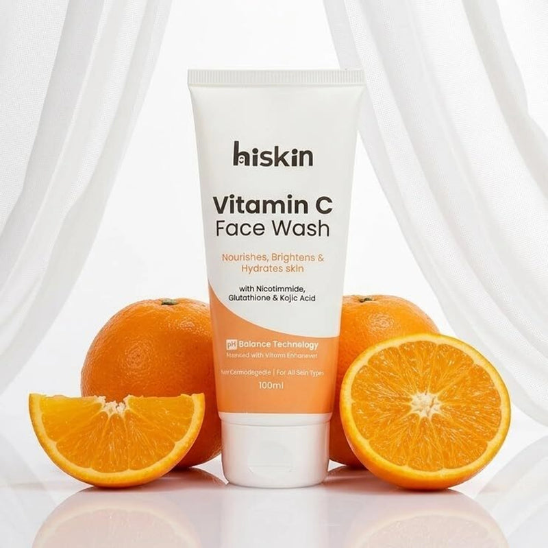 Hiskin Vitamin C Facewash with Glutathione, Niacinamide & Kojic Acid | Brightening, Hydrating & pH Balanced Cleanser with Matrix Enhancers Technology – 100ml