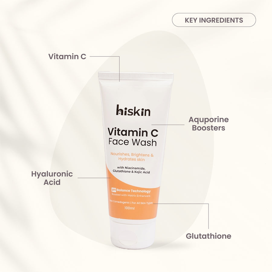 Hiskin Vitamin C Facewash with Glutathione, Niacinamide & Kojic Acid | Brightening, Hydrating & pH Balanced Cleanser with Matrix Enhancers Technology – 100ml