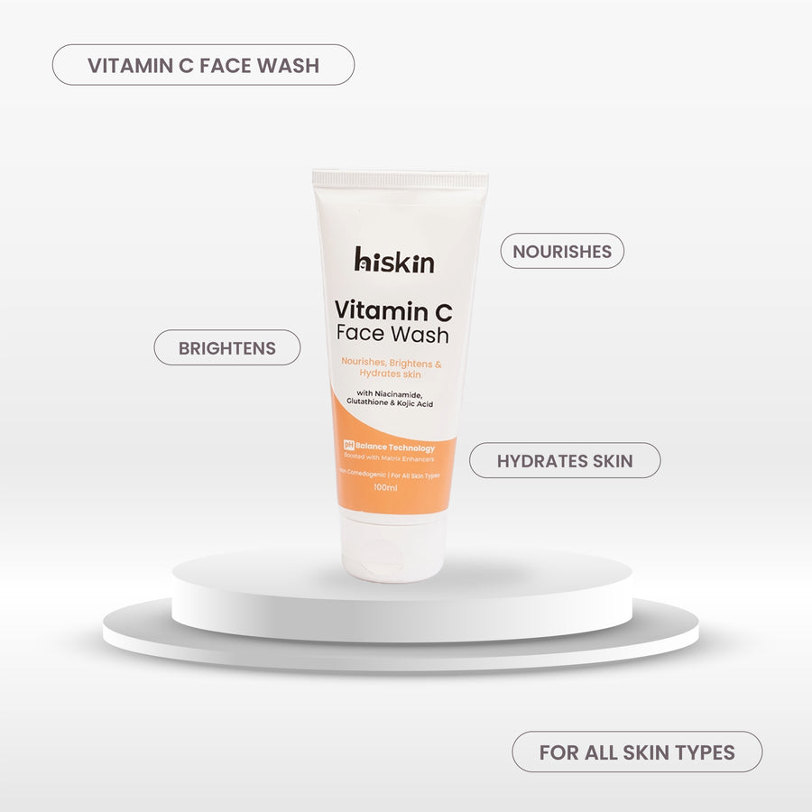Hiskin Vitamin C Facewash with Glutathione, Niacinamide & Kojic Acid | Brightening, Hydrating & pH Balanced Cleanser with Matrix Enhancers Technology – 100ml