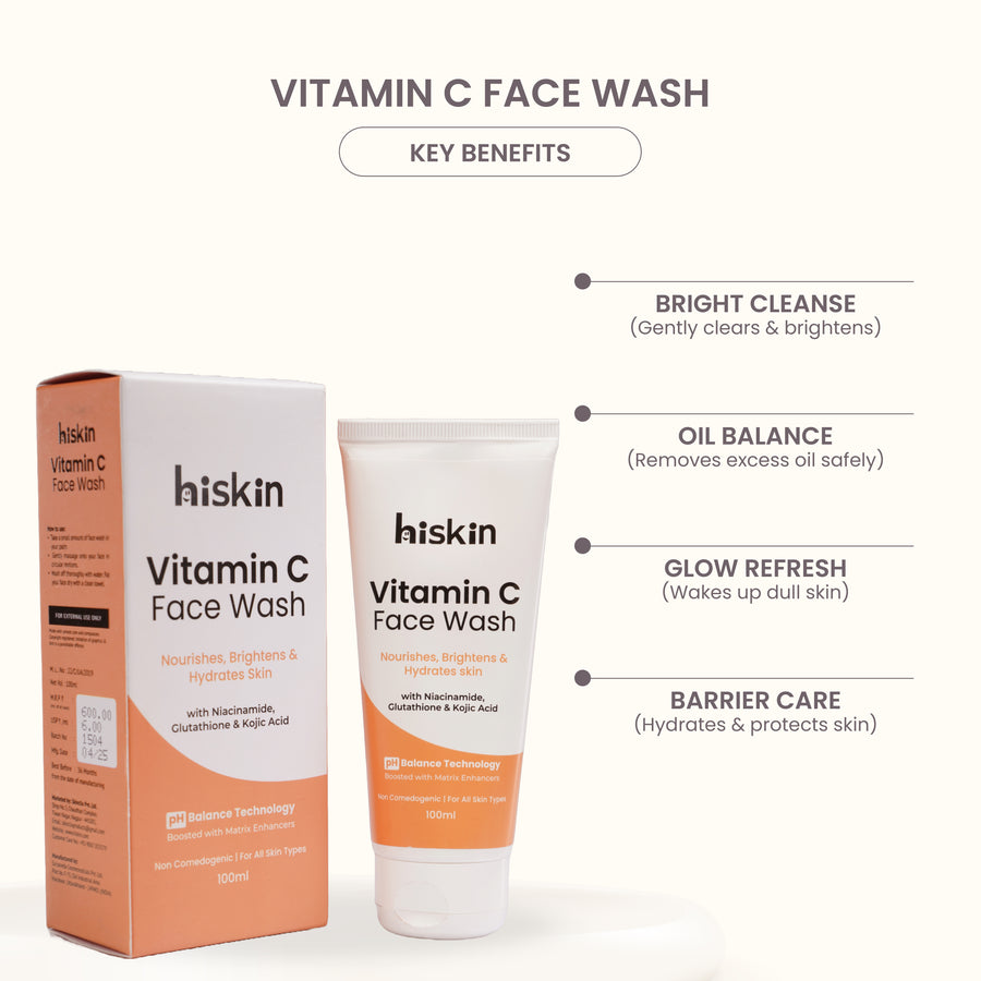 Hiskin Vitamin C Facewash with Glutathione, Niacinamide & Kojic Acid | Brightening, Hydrating & pH Balanced Cleanser with Matrix Enhancers Technology – 100ml